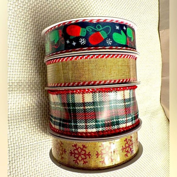 NWT celebrate it Christmas ribbon lot of 4 plaid navy mitten tan snowflake - Picture 1 of 10